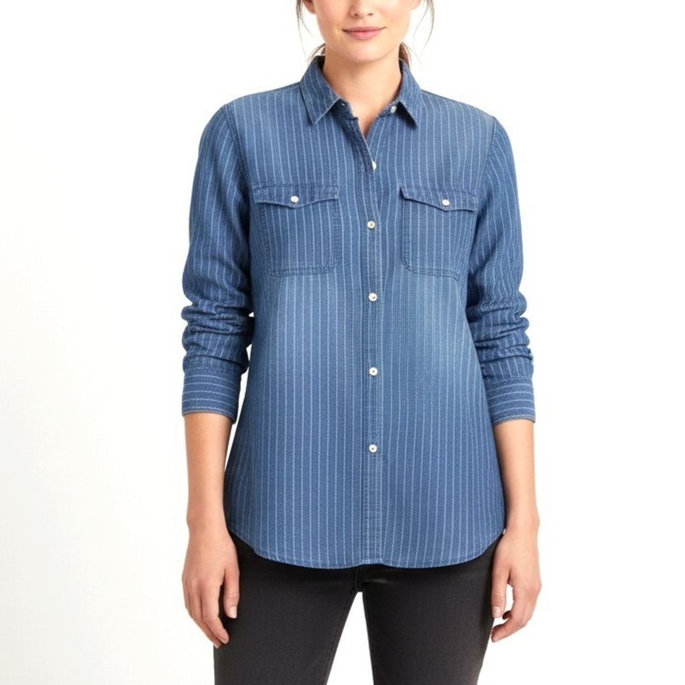 LAUREN RALPH LAUREN Linen Denim Blue PINSTRIPES Button-Up Shirt/Top Sz M